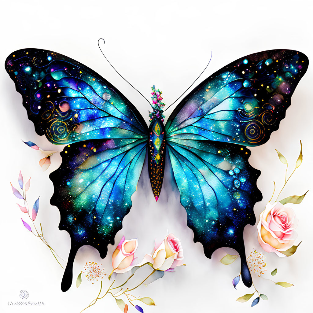 Colorful Butterfly Artwork with Cosmic Wing Pattern and Flowers