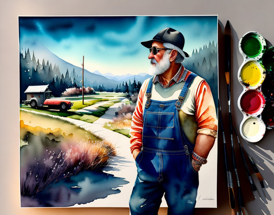 Illustration of older man in cap and overalls next to scenic countryside with red truck