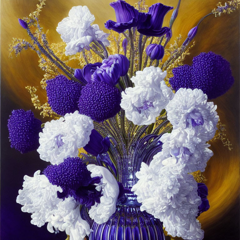 Colorful Still Life Painting: White and Purple Flowers in Blue Vase