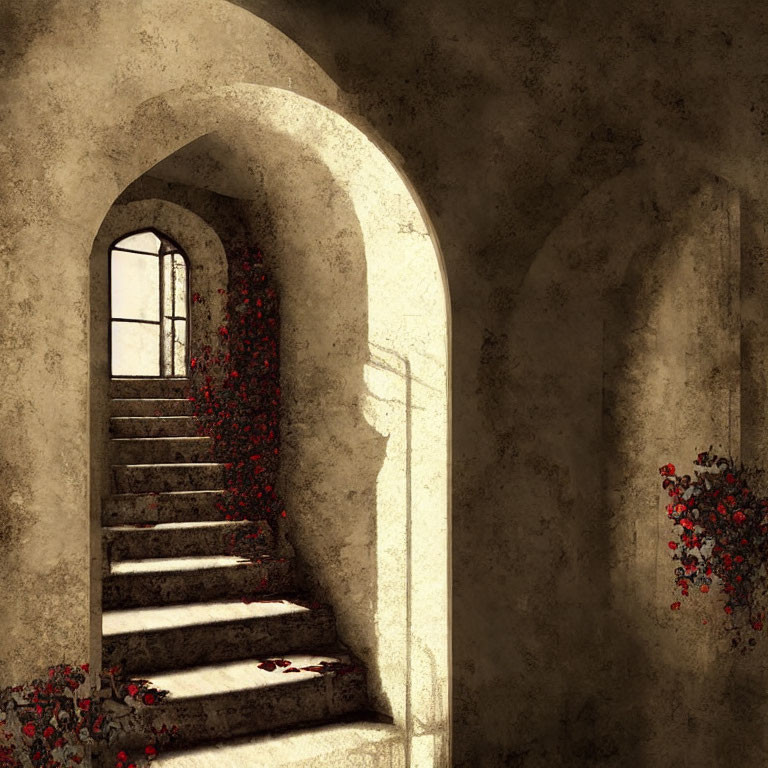 Arched Stairway with Red Flowers and Soft Light