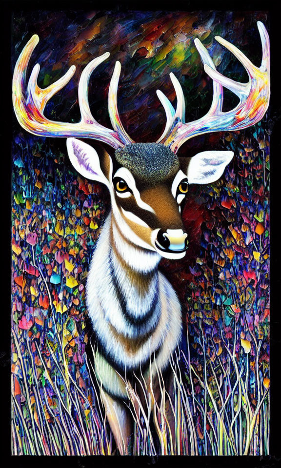 Colorful Deer Artwork with Glowing Antlers and Floral Background