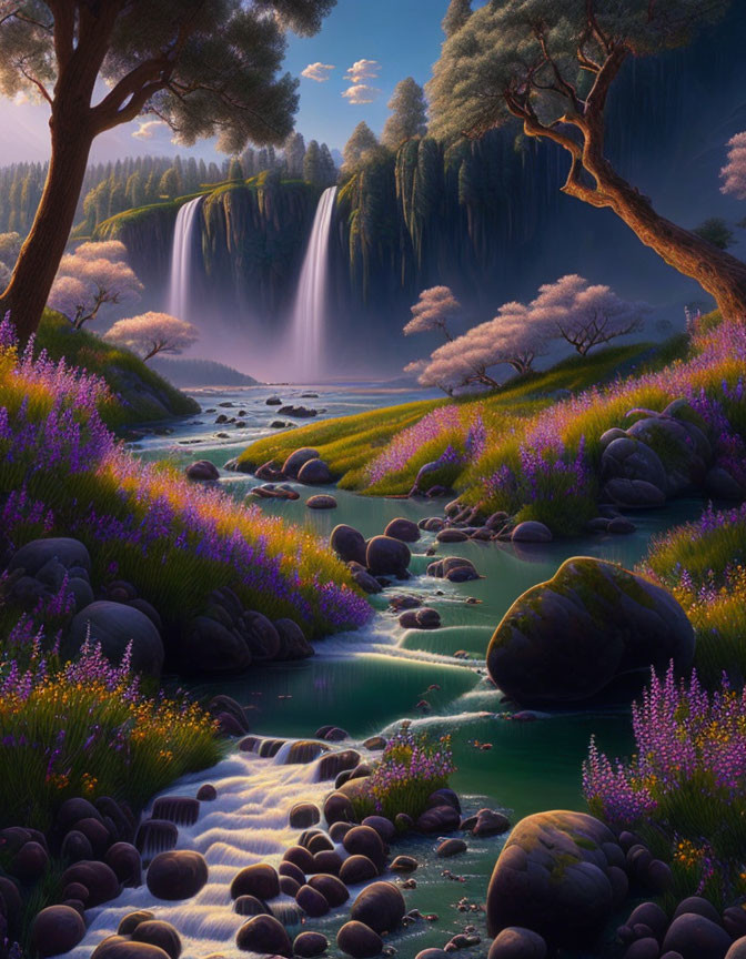 Majestic waterfall in serene landscape with river, trees, and wildflowers