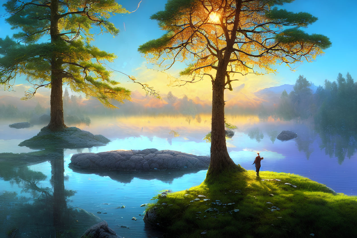 Tranquil landscape with trees, lake, mountains, and person in sunlight