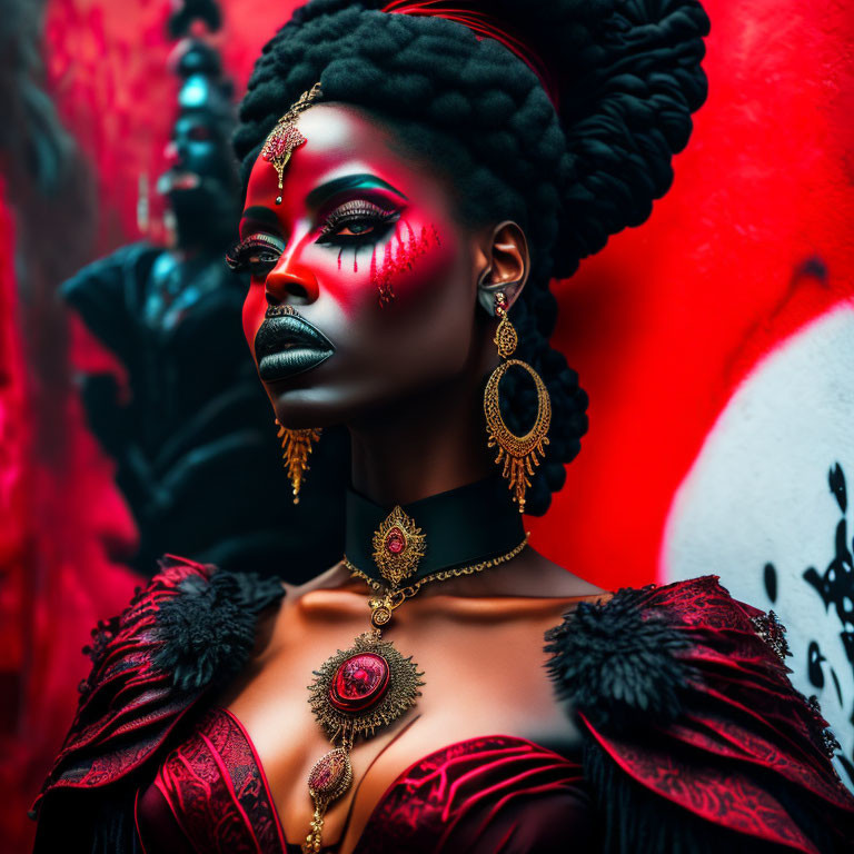 Vibrant portrait of a woman with bold makeup and jewelry against graffiti backdrop