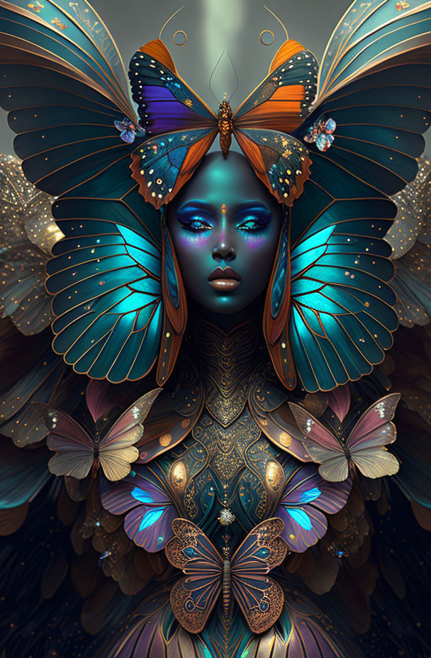 Blue-skinned woman with butterfly wings in vibrant digital art.