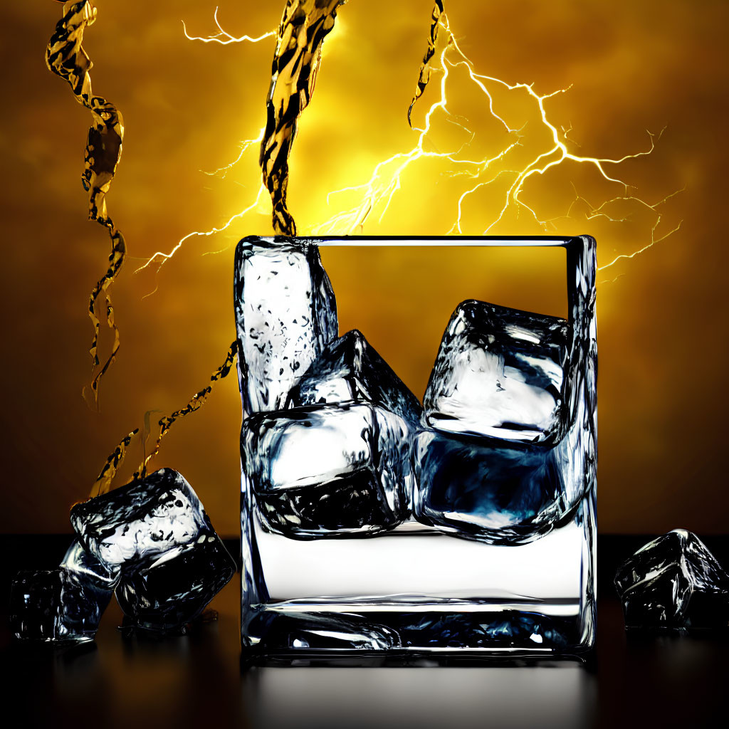 Glass of Ice Cubes on Yellow Sky with Lightning and Liquid Splashes