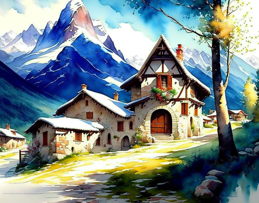 Scenic watercolor painting of stone house amid mountains