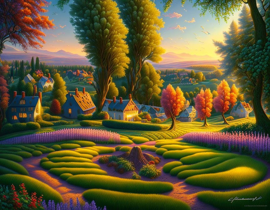 Colorful Landscape with Whimsical Trees and Cozy Houses at Sunset