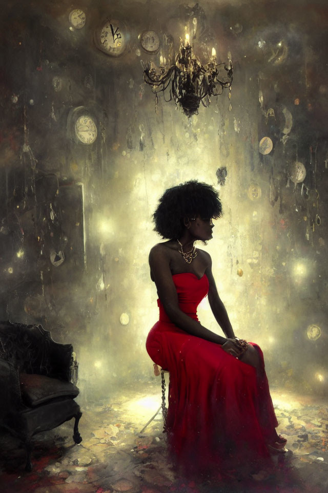 Woman in Red Dress Contemplating Among Vintage Clocks and Chandelier