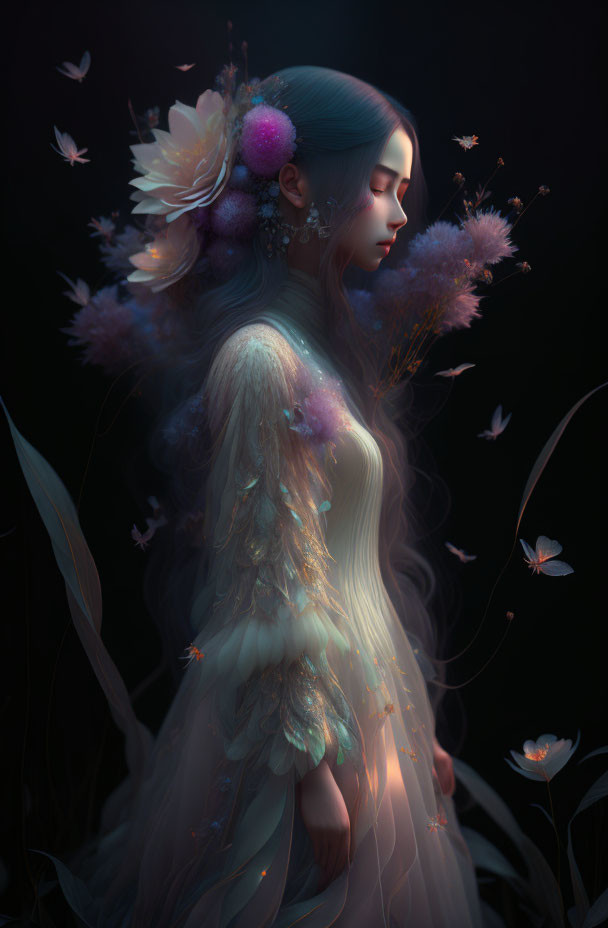 Ethereal woman with luminescent flowers and blue hair.