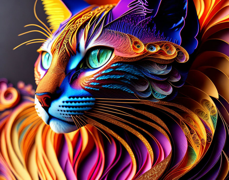 Vibrant Digital Illustration of Colorful Cat in Blue, Orange, and Purple