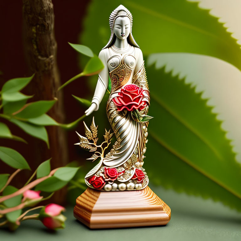 Intricate female deity figurine with floral patterns and blossom on green backdrop