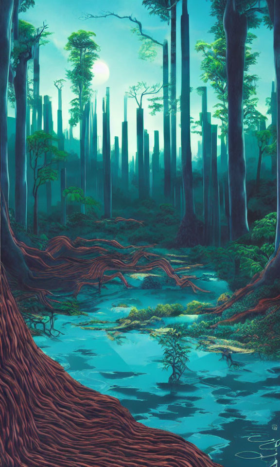 Tranquil forest scene with tall trees, exposed tree root, and blue stream