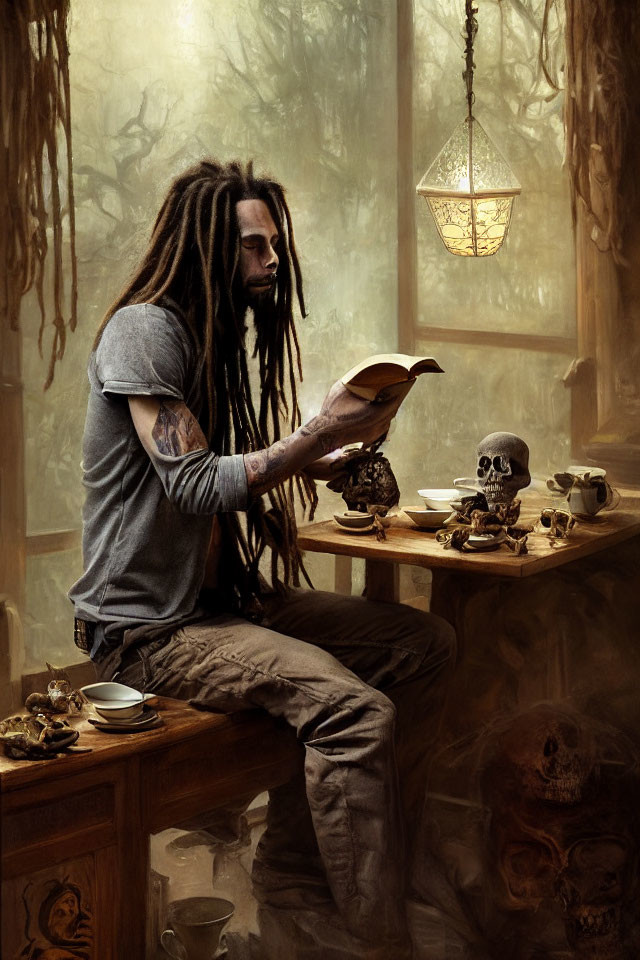 Person with dreadlocks and tattoos reading book at rustic wooden table in dim, forest-themed room