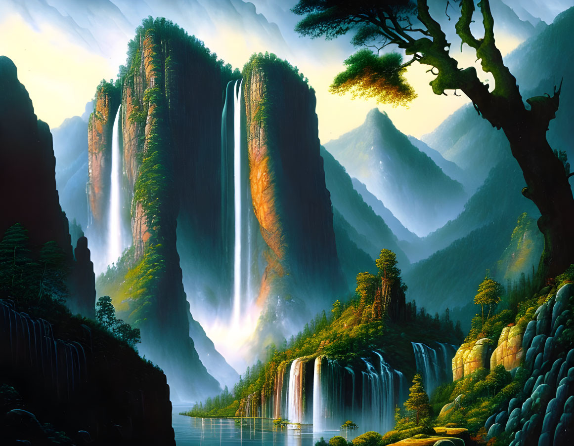 Majestic landscape with towering cliffs, waterfalls, lush greenery, and sunlight glow.