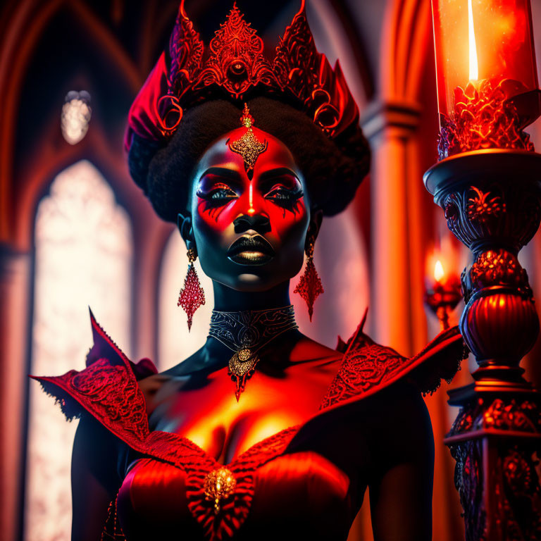 Regal woman with striking makeup in gothic setting