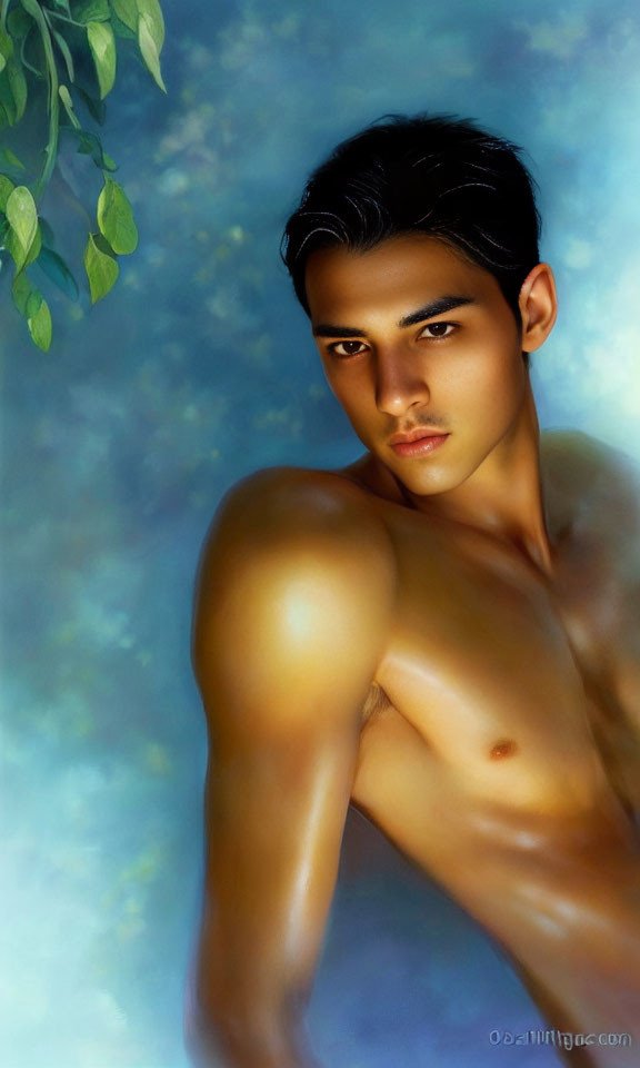 Dark-Haired Shirtless Man Gazing in Nature Portrait