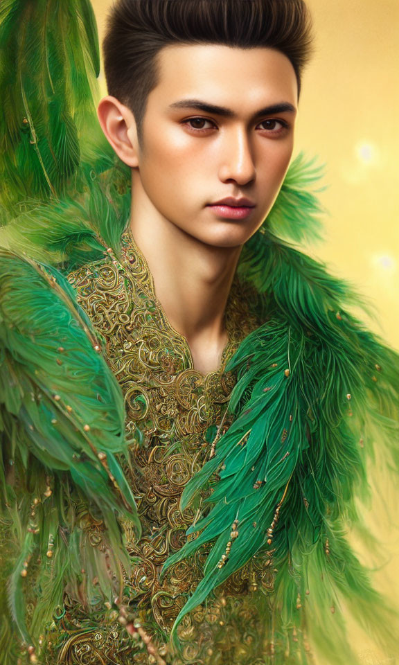 Luxurious Green and Gold Portrait with Peacock Feather Accents