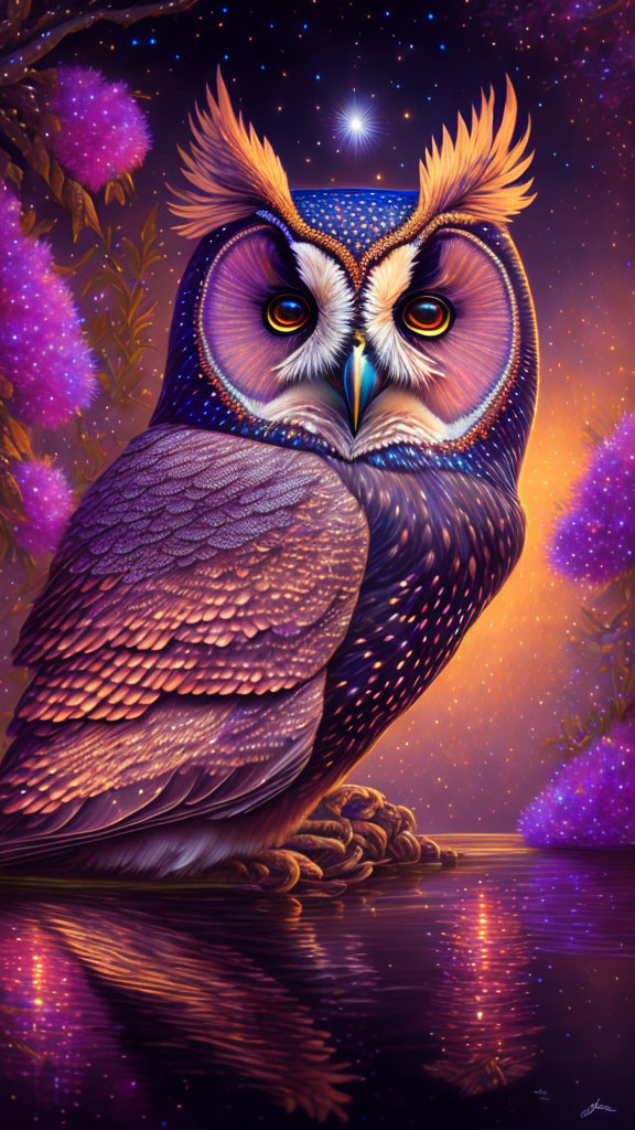 Detailed illustration of owl by water under starry sky