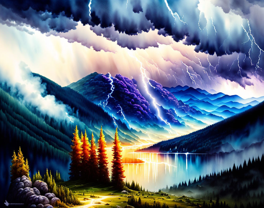 Scenic mountain landscape with thunderstorm and lightning strikes reflected in calm lake