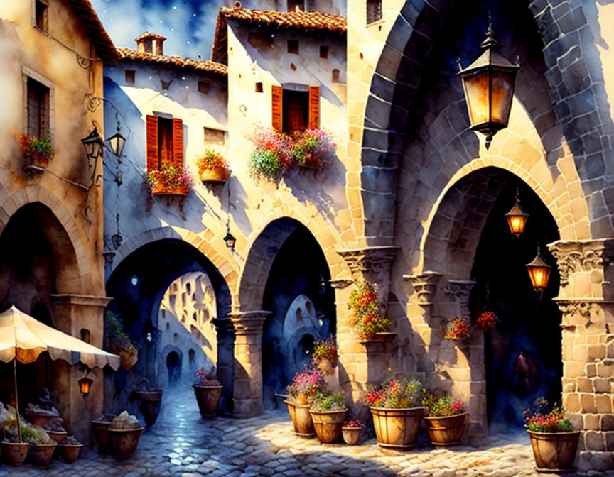 Medieval cobblestone street with stone buildings and lantern light.