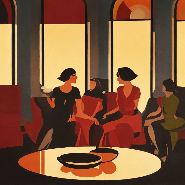 Four people conversing around table in abstract art style.