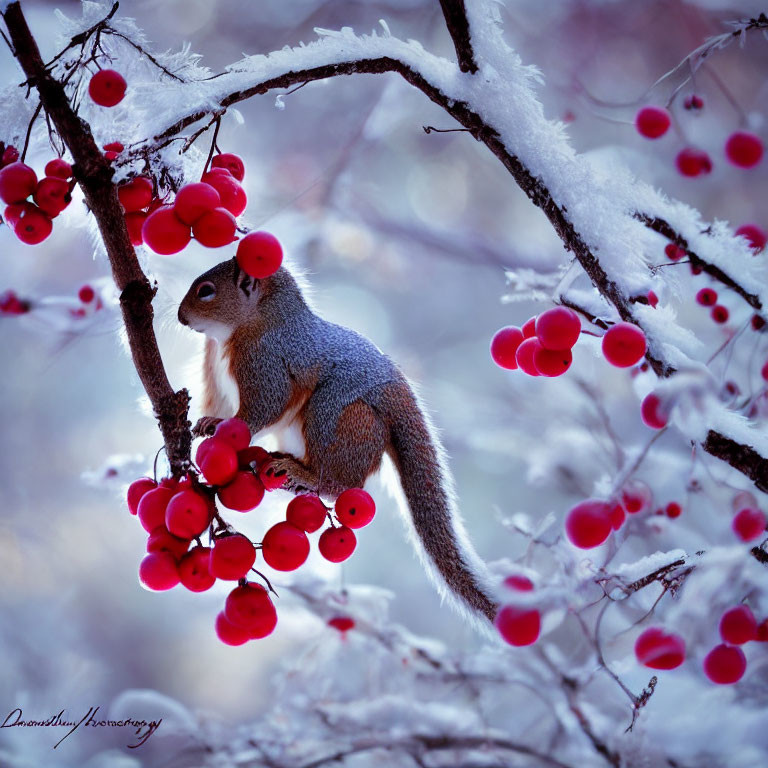 Squirrel on snowy branch with red berries in winter scene