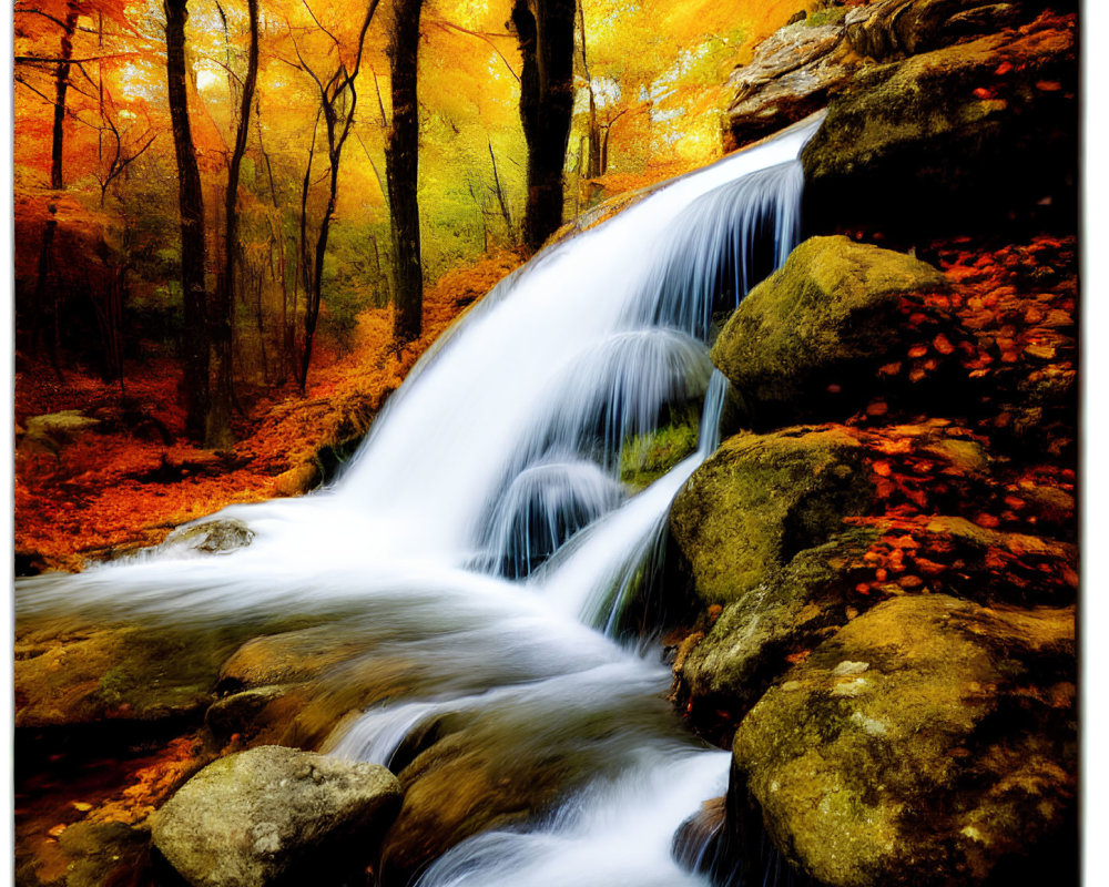 Tranquil waterfall in vibrant autumn forest