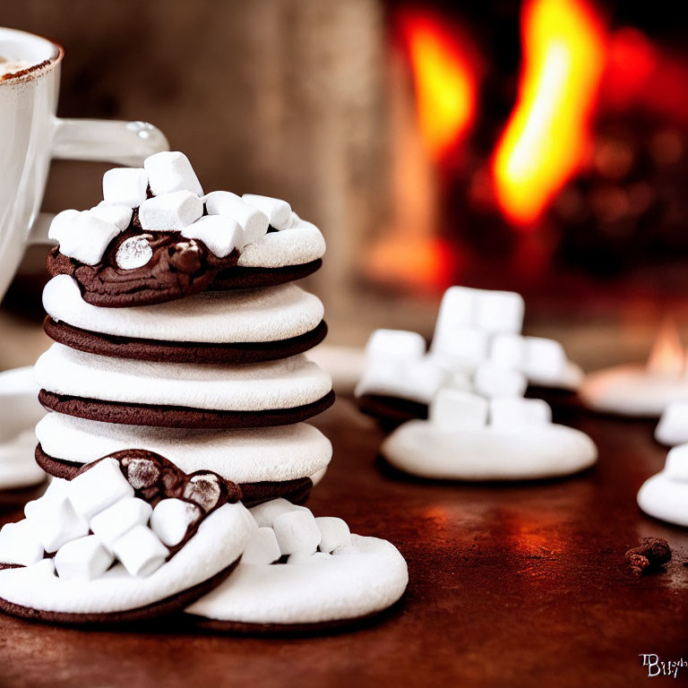 Cozy Fireplace Scene with Chocolate Cookies, Marshmallows, and Coffee