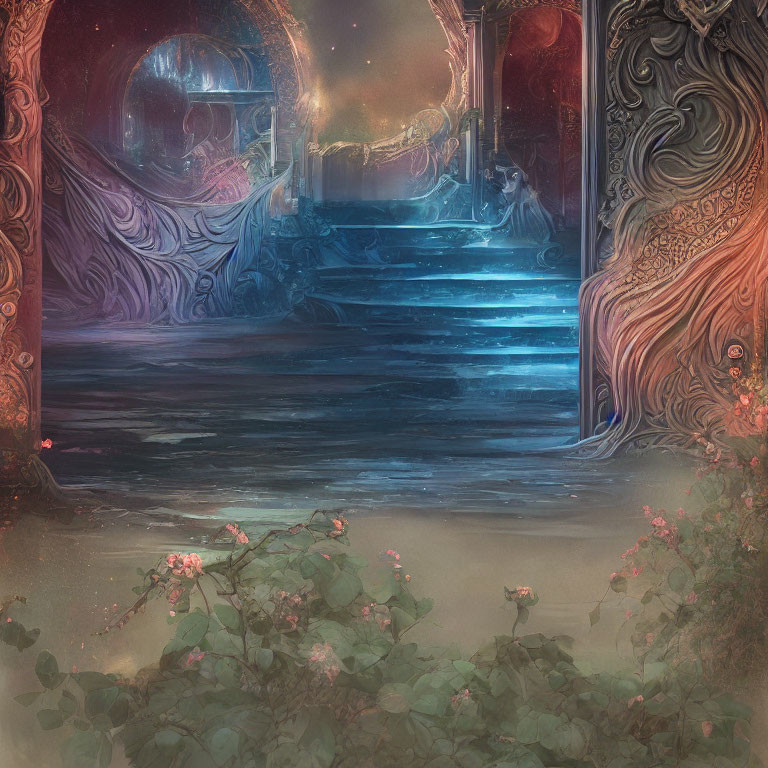 Ornate swirling patterns frame mystical stairway and illuminated archway with blooming roses in dreamlike