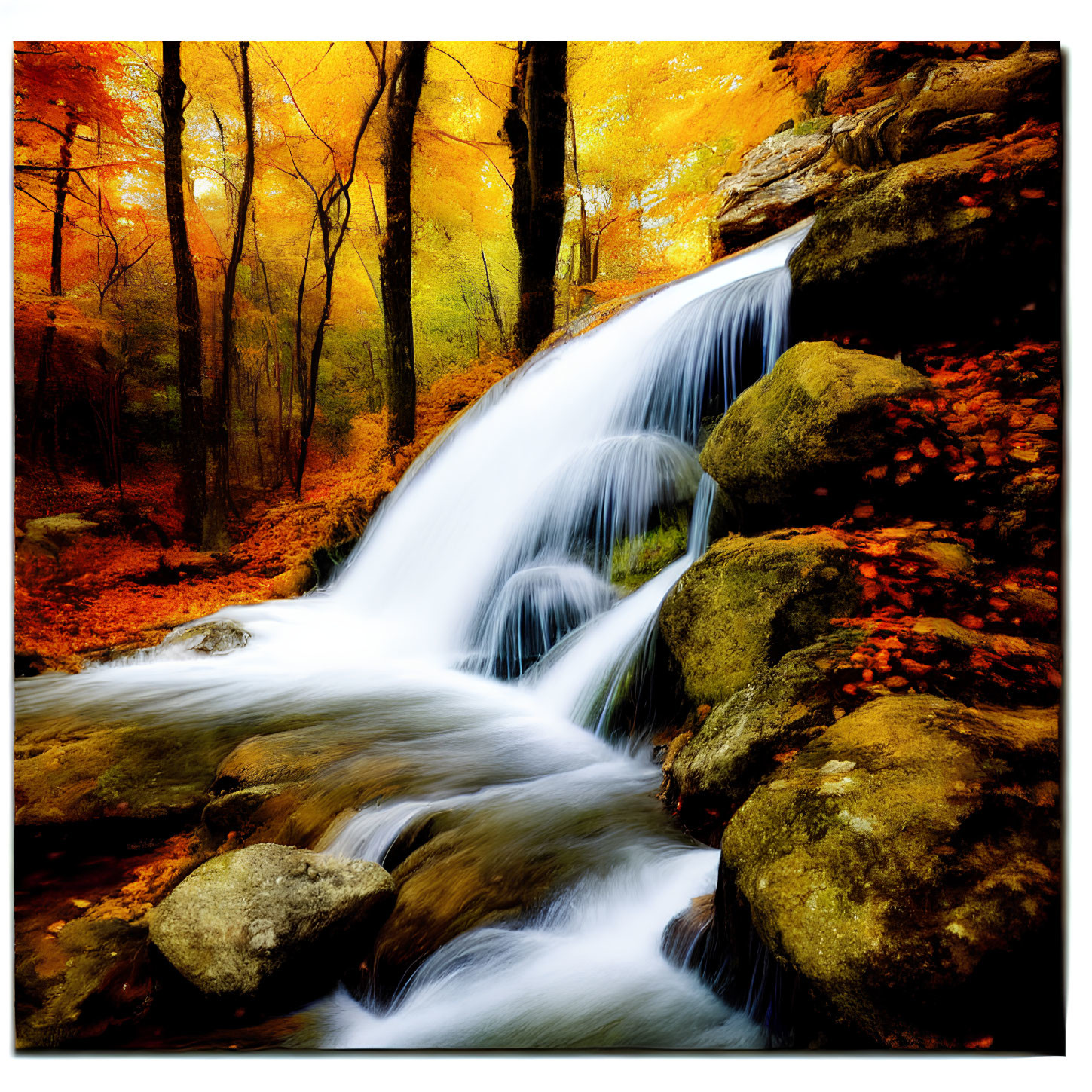 Tranquil waterfall in vibrant autumn forest