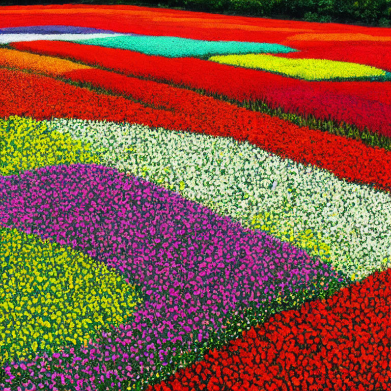 Multicolored Flower Fields with Vibrant Stripes of Blooms