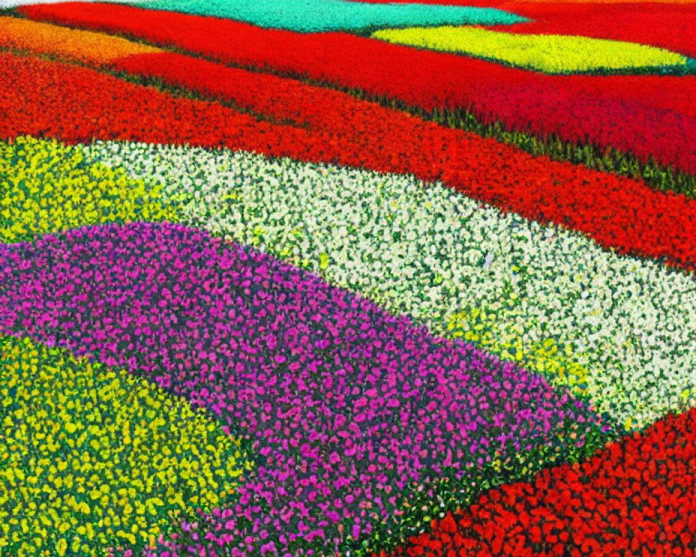 Multicolored Flower Fields with Vibrant Stripes of Blooms