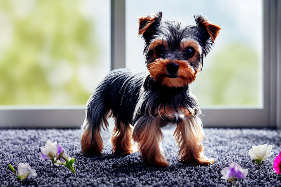 Small Yorkshire Terrier on Shaggy Carpet with Flowers and Blurred Window View