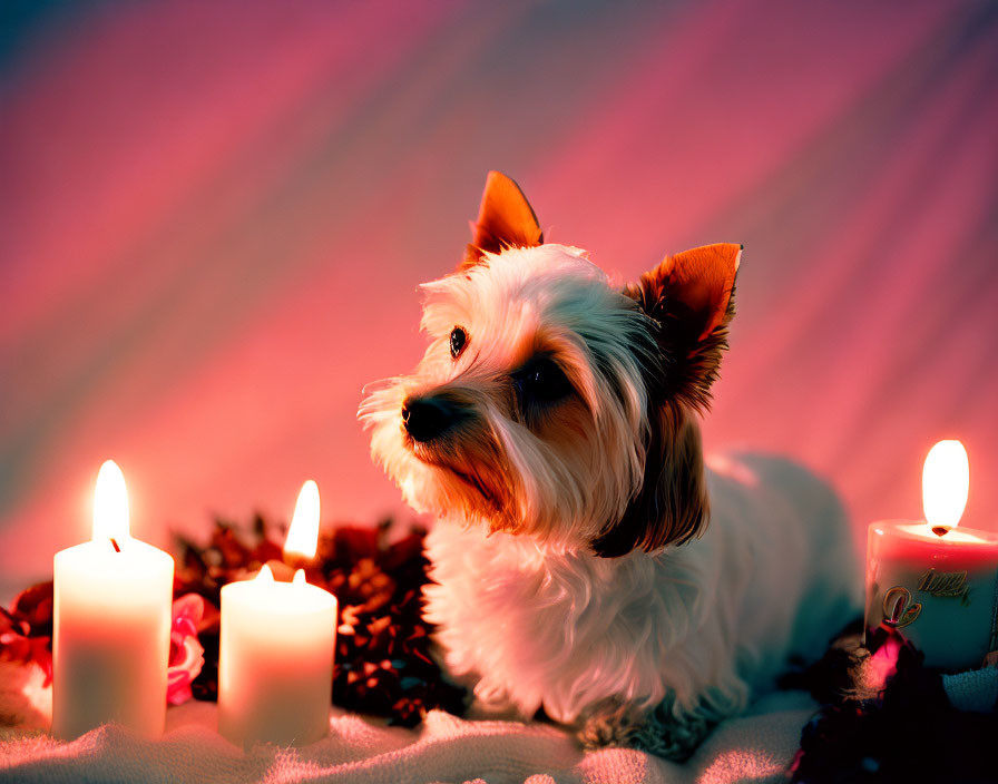 White Dog Among Candles and Pine Cones on Pink Background