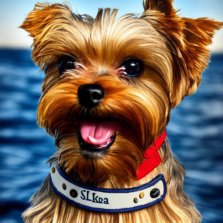 Yorkshire Terrier with red collar against blue water background