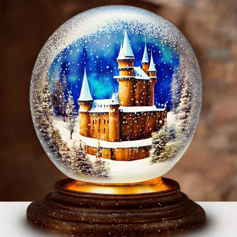 Snow globe with castle and snowy landscape under starry night sky