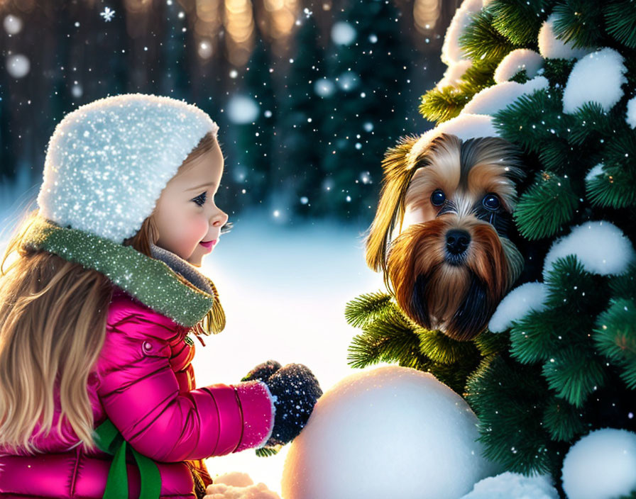 Young girl in pink coat with cute dog by snow-covered Christmas tree