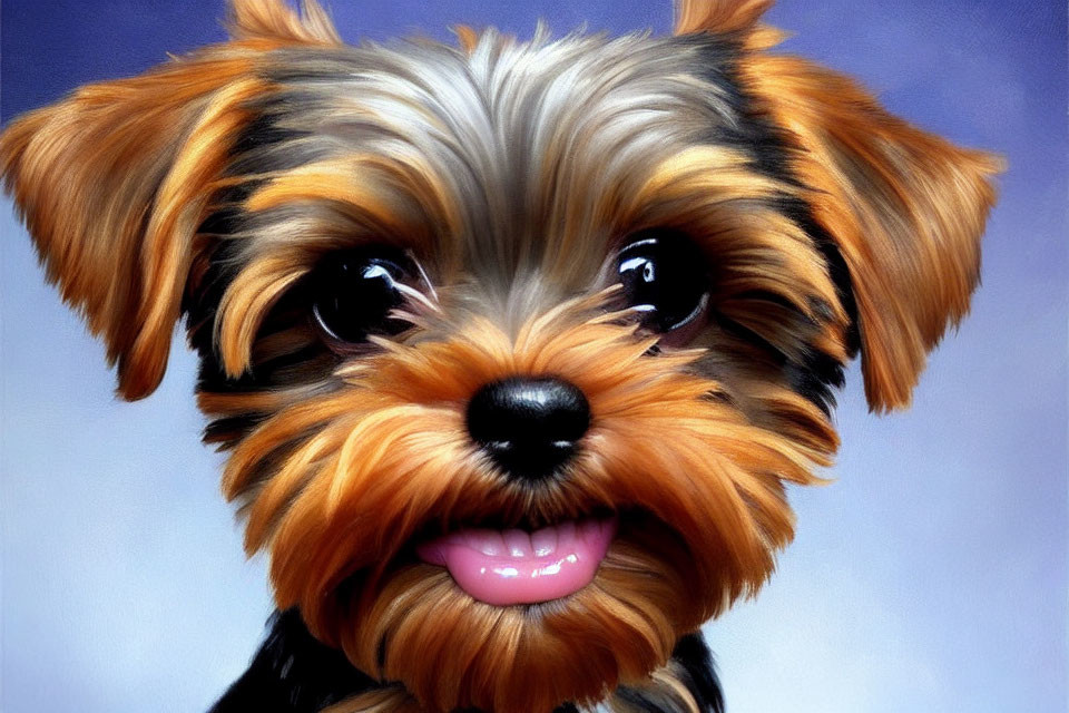 Yorkshire Terrier with shiny coat, expressive eyes, small ears, and pink tongue.