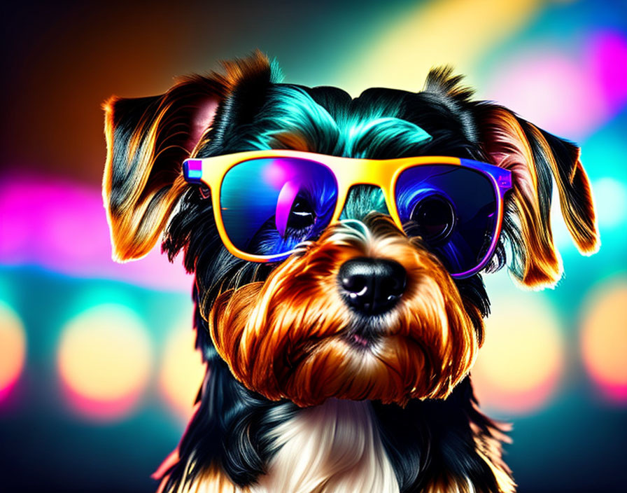 Small stylish dog in colorful sunglasses on vibrant bokeh background