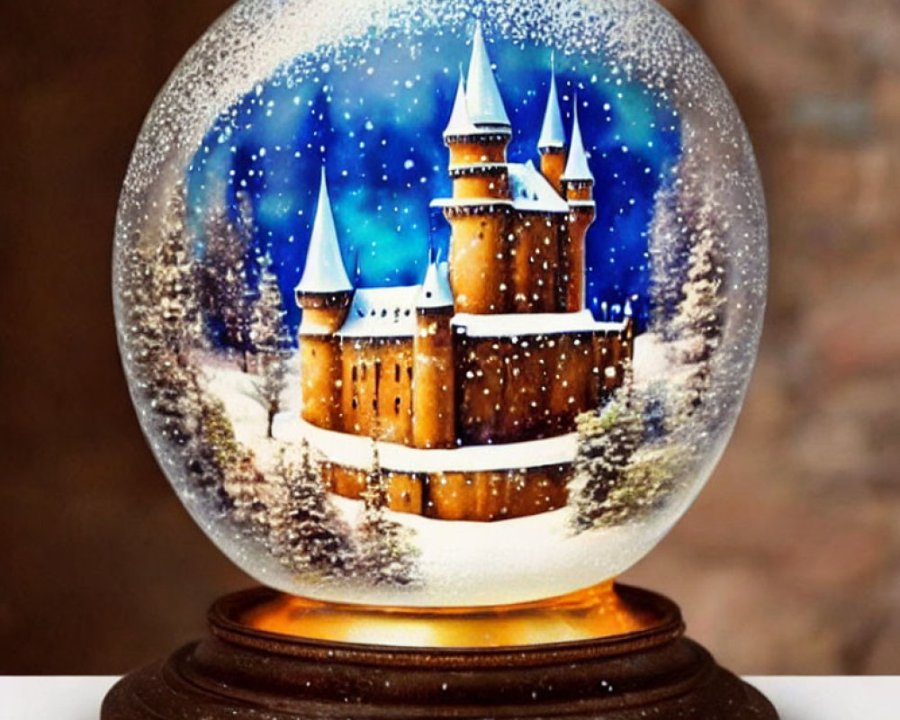 Snow globe with castle and snowy landscape under starry night sky