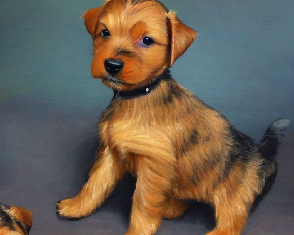 Tan Puppy with Black Features and Collar Sitting Next to Another Puppy