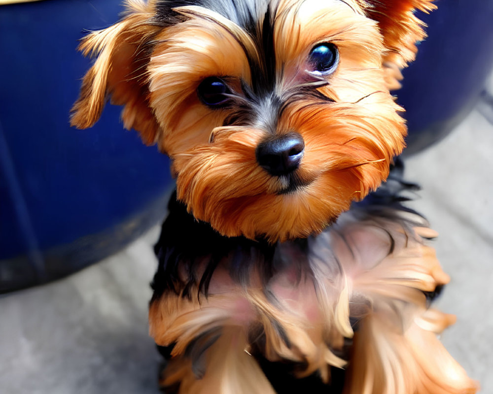 Yorkshire Terrier with glossy fur and blue eyes sitting by blue object