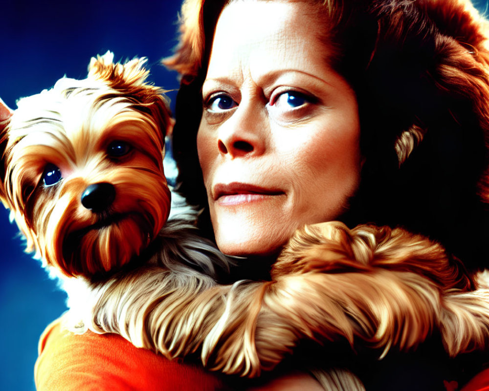 Intense gaze woman holding fluffy dog on blue background