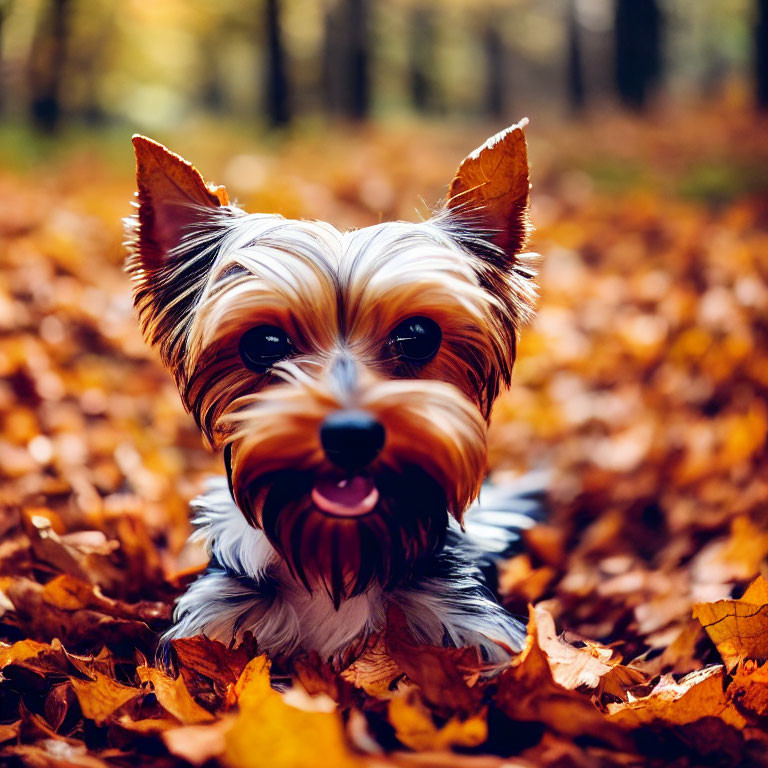 Yorkshire Terrier in Autumn Leaves with Glossy Coat and Perked Ears