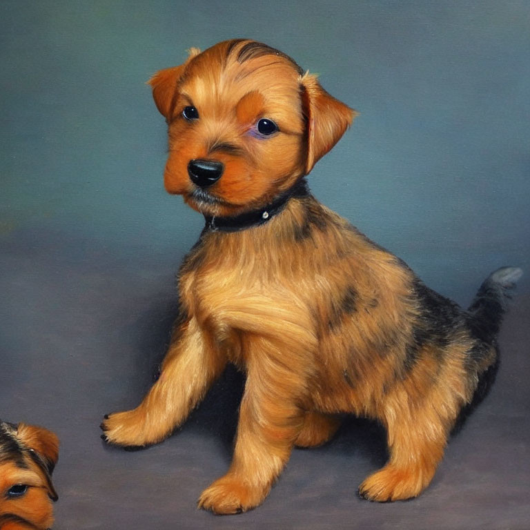 Tan Puppy with Black Features and Collar Sitting Next to Another Puppy