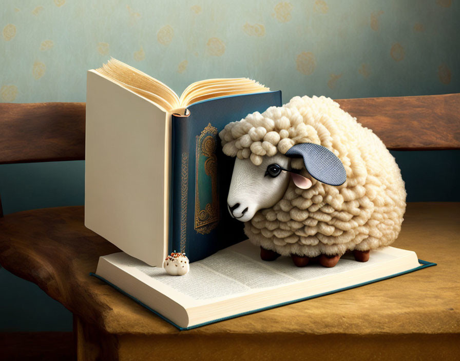 Whimsical sheep with blue sleep mask on open book and tiny hedgehog.