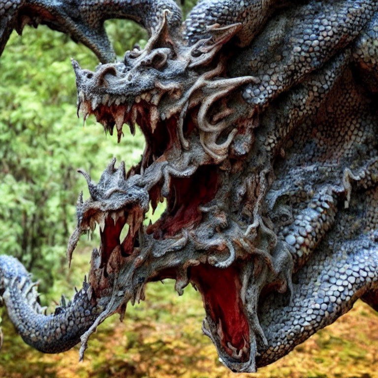 Detailed Dragon Statue with Multiple Heads and Sharp Teeth in Green Forest