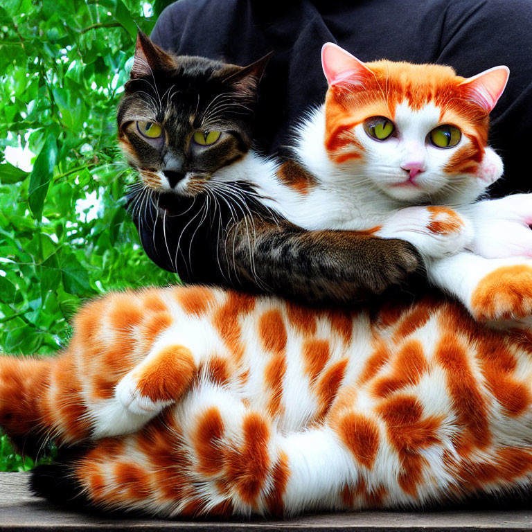 Vividly patterned black and white cat cuddles with orange tabby cat