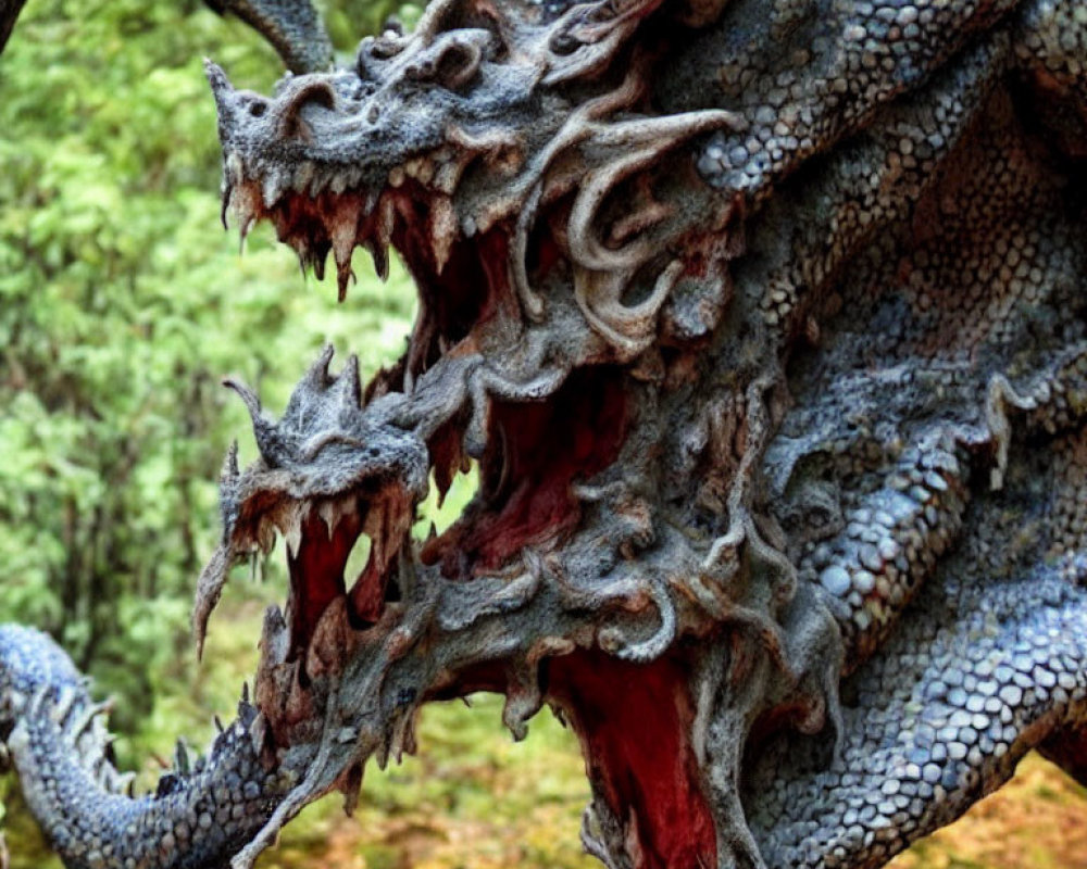 Detailed Dragon Statue with Multiple Heads and Sharp Teeth in Green Forest